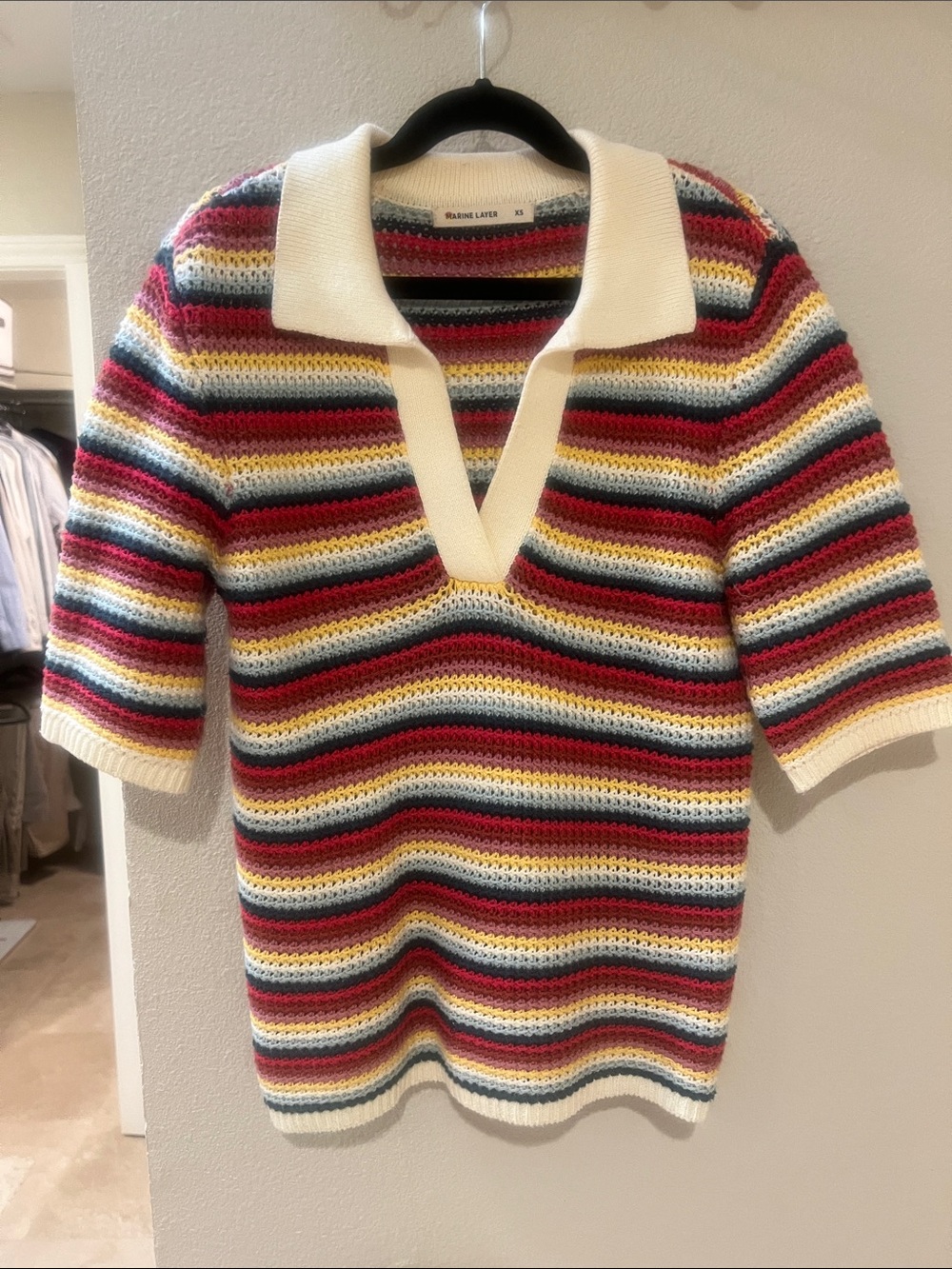 Marine Layer Striped V-Neck Polo Sweater in Cream, Red & Blue
